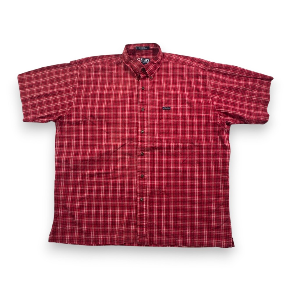 Vintage Chaps Ralph Lauren Mens XL Red Plaid Short Sleeve Shirt Logo Pocket
